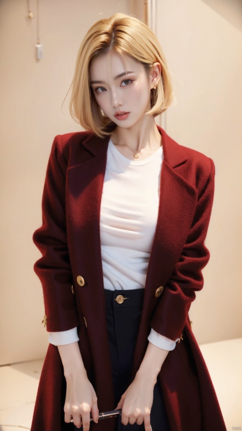  Girl, red wool coat, pretty face, short hair, blonde hair, (photo reality: 1.3) , Edge lighting, (high detail skin: 1.2) , 8K Ultra HD, high quality, high resolution, best ratio of four fingers and one thumb, (photo reality: 1.3) , wearing a red coat, white shirt inside, large breasts, solid color background, solid red background, advanced feeling, texture pull full, 1 girl, xiqing, hszt, xiaxue, dongji