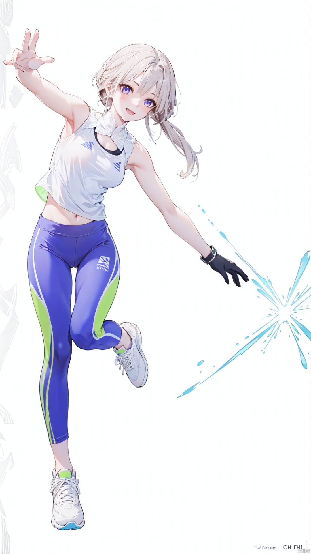  A full-body shot of a vibrant young girl in stylish activewear against a pristine white background, striking an energetic pose. She's wearing a sleek white sports **** top with colorful striped leggings and white sneakers. Her arms are naturally open, one leg slightly bent as if she's about to take the first step in a run. Her golden hair gently sways with her movement, and her face beams with a radiant, sunny smile, exuding the sparkle of youth, high-resolution image, HD, full body, fitness fashion, active pose, dynamic, fresh, healthy lifestyle, professional photography, trending in sports illustration, by Charlie Bowater, Stanley Lau, crisp focus, solid white backdrop, energetic youth, by Jamie Jones, vibrant, life-like digital painting.

