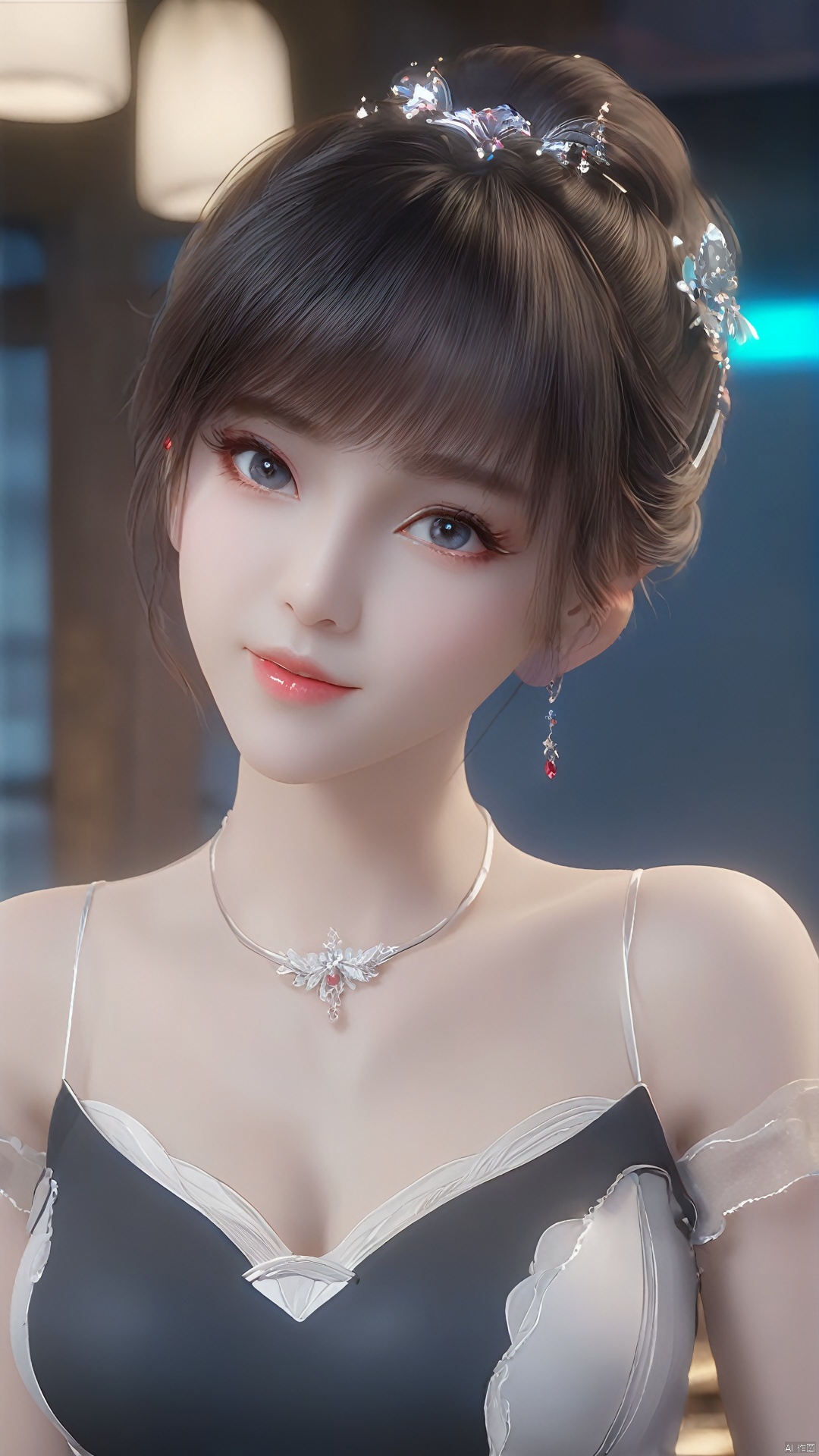  1girl,Stand,(in a bar:1.2), female solo,((full_body:0.5)), full breasts,(larger breasts:1.2),ukl, messy hair, red gemstone earrings, red gemstone necklace,red earings,blue jewelry,blue eye,8k resolution, masterpiece, best picture quality, peerless beauty, loose wavy hair, smooth hair, feather hair accessories, collarbone, beautiful delicate makeup, exquisite facial features, the most beautiful big eyes, long eyelashes, sweet sleeping silkworm, tender pink lip glaze, charming woman, earrings, pendants, sweet smile, lipstick, wearing a black turtleneck shirt, short skirt, petite figure. The highest precision, accurate and perfect human body structure, smile, bust, natural light irradiation, Model: portrait, CFG scale: 8,MAJICMIX STYLE, xwhd