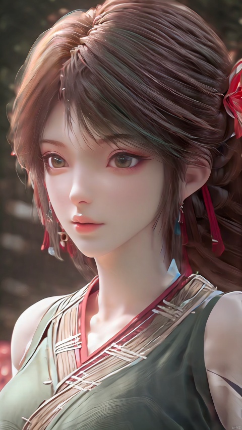  1girl,Bangs, off shoulder, green hair, green dress, green eyes, chest, earrings, dress, earrings, floating hair, jewelry, sleeveless, short hair,Looking at the observer, parted lips, pierced,energy,electricity,magic, hle
