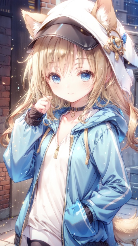  1girl,animal ears,baseball cap,loli,petite,blonde hair,long hair,big hair,hair flowing over,messy hair,blue eyes,choker,closed mouth,collar,(dog tail1.2),hand in pocket,hat,hat with ears,hood,hoodie,jacket,long hair,long sleeves,looking at viewer,nail polish,open clothes,open jacket,simple background,smile,solo, gold armor