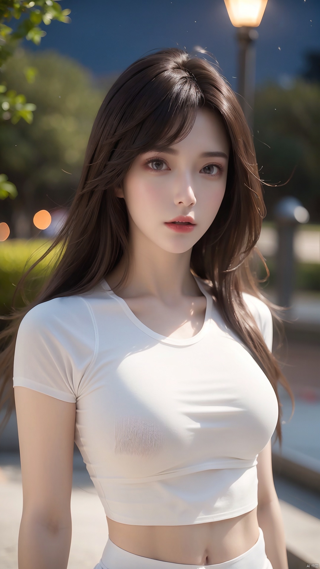  ((Realistic lighting, Best quality, 8K, Masterpiece: 1.3)), Clear focus: 1.2, 1girl, Perfect beauty: 1.4, Slim abs: 1.1, ((Dark brown hair)), (White crop top: 1.4), (Outdoor, Night: 1.1), Park view, Super fine face, Fine eyes, Double eyelids,