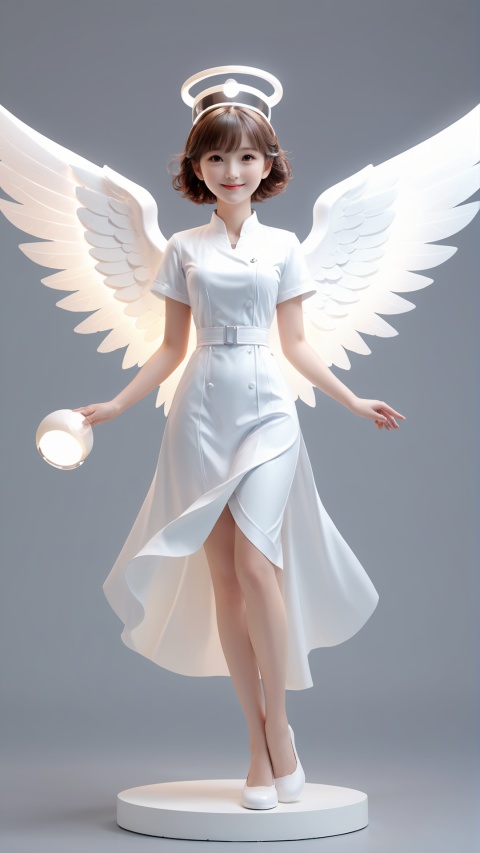  1girl,doctor, nurse, statue, plaster, simple background,plaster statue,wings,smile, bailing_light element