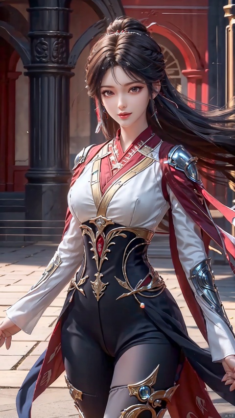  A young woman., Game character, Sense of design, A beautiful face, Long black hair, Bangs, colored inner hair, The eyes are bright and firm, wisdom, Smile at the corners of the mouth, Graceful posture, The body is well-proportioned and slender, Big breasts, Bare lower breasts, Bare skin, High school, Wearing a black tights combat suit, The shawl goes down, High-tech, Combat armor, Design, The appearance is streamlined and elegant, Red and white moldings, The arms of the mech,Energysword,手指对嘴巴,闭嘴, hle