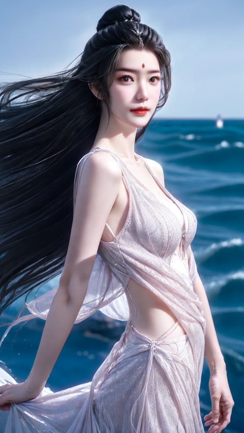  1girl,giggle, kawaii,detailed face, Charming eyes, red lips, exquisite and gorgeous, transparent clothes, looking at the chest through the clothes, clothes like yarn, thin gauze shaped clothes , looking at viewer,focused,masterpiece,best quality, highres,8k,intricate,elegant,highly detailed,dynamic lighting BREAK long hair flows gracefully in the gentle sea breeze,the fading sunlight casts a warm, ethereal glow on the scene. She is wearing a flowing, light-colored dress that ripples in the wind. The waves gently kiss the shore in the background, and there's a sense of tranquility in the air. The overall atmosphere should evoke a feeling of serenity and beauty,blue bikini。,white lace,see-through,blue bikini,dress,heigirl