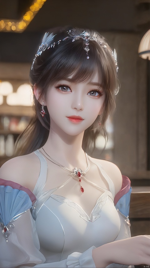  1girl,Stand,(in a bar:1.2), female solo,((full_body:0.5)), full breasts,(larger breasts:1.2),ukl, messy hair, red gemstone earrings, red gemstone necklace,red earings,blue jewelry,blue eye,8k resolution, masterpiece, best picture quality, peerless beauty, loose wavy hair, smooth hair, feather hair accessories, collarbone, beautiful delicate makeup, exquisite facial features, the most beautiful big eyes, long eyelashes, sweet sleeping silkworm, tender pink lip glaze, charming woman, earrings, pendants, sweet smile, lipstick, wearing a black turtleneck shirt, short skirt, petite figure. The highest precision, accurate and perfect human body structure, smile, bust, natural light irradiation, Model: portrait, CFG scale: 8,MAJICMIX STYLE, xwhd
