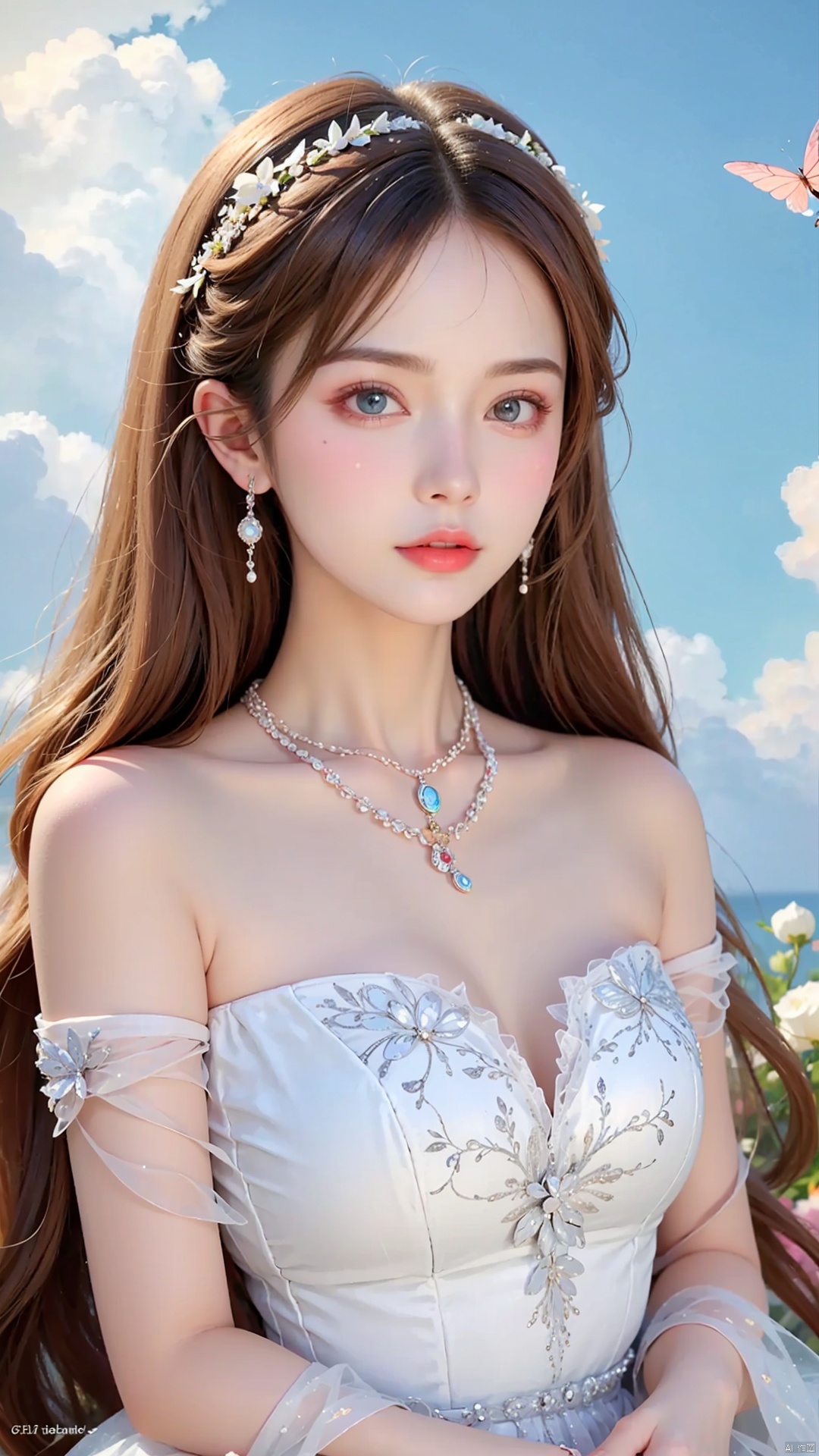  quality,8K,extremely complex details,1girl,lolita,careful eyes,looking_at_viewer,butterfly,gradient art,in the flower cluster,(rose:1.1),sky,(white cloud:0.9),full_shot,necklace,pearls andjewels,, 1girl