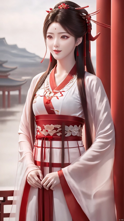  (Best quality, masterpiece, realistic, 4k),A girl, Red and white Chinese style dress,Hanfu,Little Smile,standing,outdoors,lake,, Girl, hle