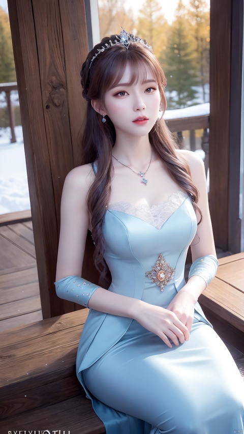 There was a woman in a orange dress,Wearing a necklace,((a beautiful fantasy empress).inspired by Sim Sa-jeong,Azure.detailed hairs,winter snow falling princess,LCE Princess,Guvez-Steville artwork,8K)),fantasy aesthetic!.Guviz,Ice Queen,8k high-quality detailed art.sitting.