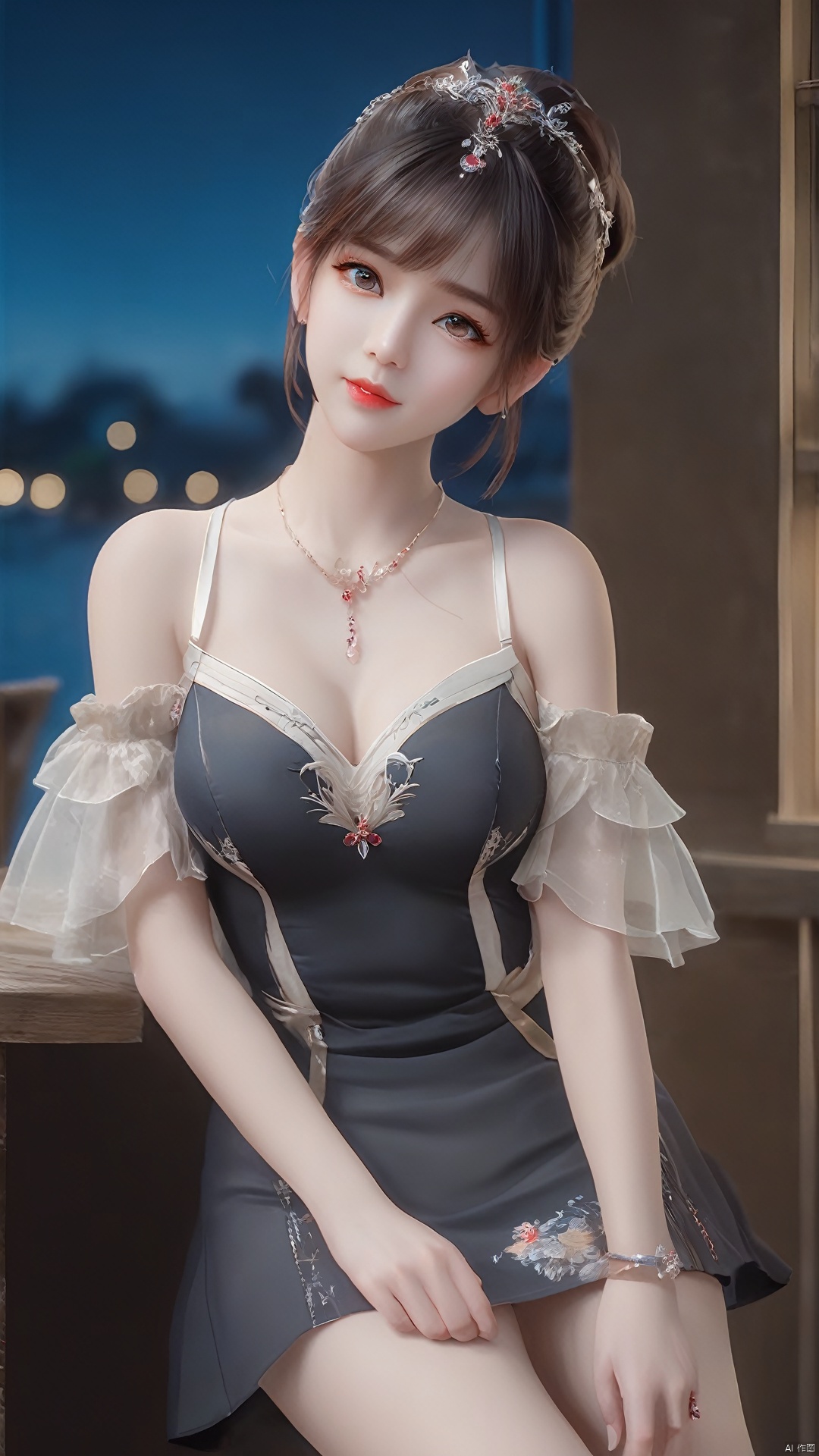  1girl,Stand,(in a bar:1.2), female solo,((full_body:0.5)), full breasts,(larger breasts:1.2),ukl, messy hair, red gemstone earrings, red gemstone necklace,red earings,blue jewelry,blue eye,8k resolution, masterpiece, best picture quality, peerless beauty, loose wavy hair, smooth hair, feather hair accessories, collarbone, beautiful delicate makeup, exquisite facial features, the most beautiful big eyes, long eyelashes, sweet sleeping silkworm, tender pink lip glaze, charming woman, earrings, pendants, sweet smile, lipstick, wearing a black turtleneck shirt, short skirt, petite figure. The highest precision, accurate and perfect human body structure, smile, bust, natural light irradiation, Model: portrait, CFG scale: 8,MAJICMIX STYLE, xwhd