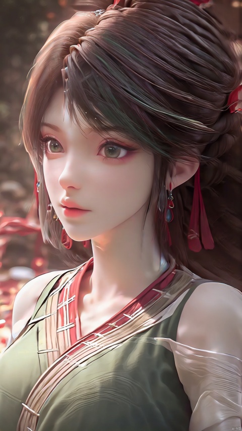  1girl,Bangs, off shoulder, green hair, green dress, green eyes, chest, earrings, dress, earrings, floating hair, jewelry, sleeveless, short hair,Looking at the observer, parted lips, pierced,energy,electricity,magic, hle