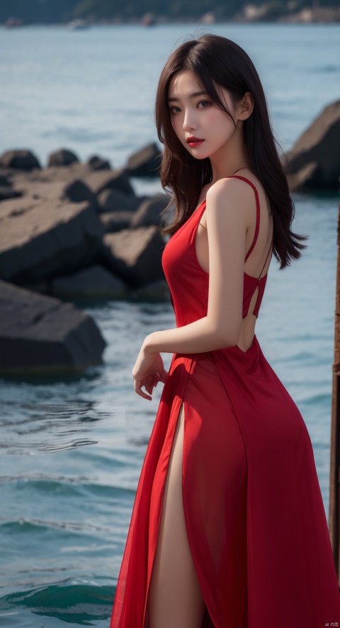  1girl,Forbidden sea,red dress,dark theme,