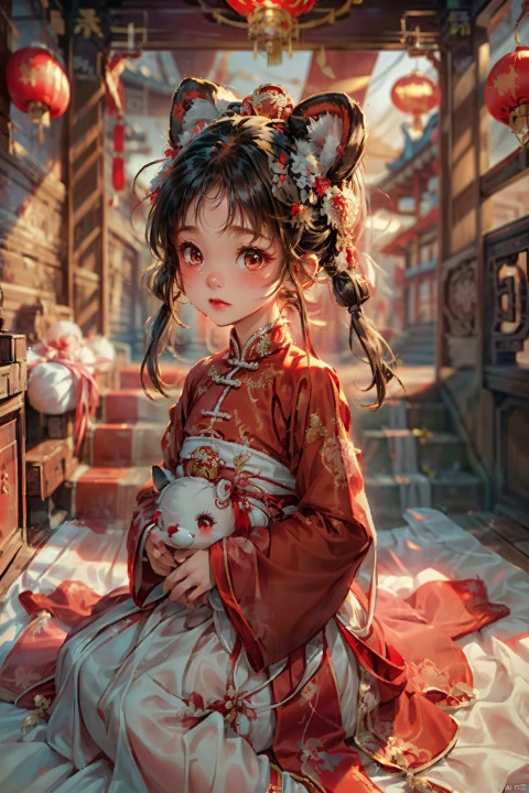  1girl, cute,colorful,red clothes,chinese clothes,chinese shoes,traditional Chinese clothing,solo,half body, big eyes, small nose, small mouth, white plush clothes, blushing,hair ornament, hanfu, chineseclothes, Light master, Ancient China_Indoor scenes,TigerHat,