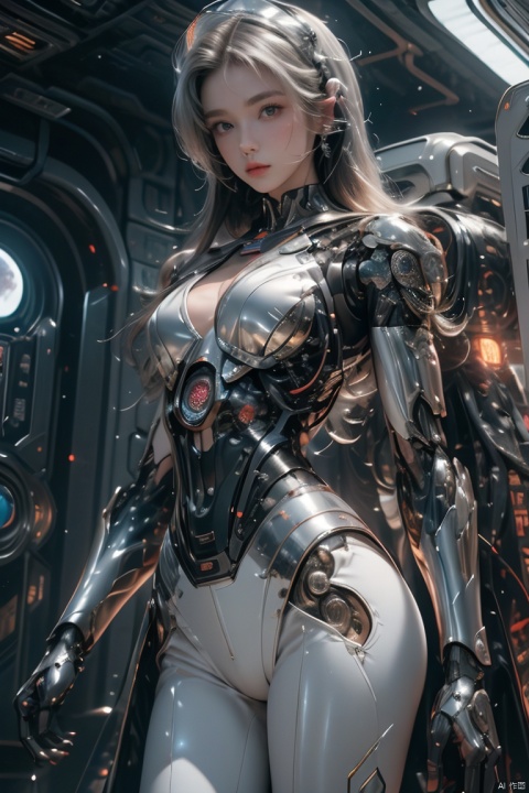 (silver, bionic machine body, skin tight, android), (plumping breasts, slender waist, very long legs), waist photo, (close up :1.2), 1girl, Red,（masterpiece),(best quality) , high detal, hyper-detailing, The painting depicts scenes of breathtaking images of magnificent spaces。The picture shows a girl with machine body, Face back, Look at a red-glowing planet in space。The scene is highly-detailed, Clarity is extraordinary, Every intricate detail of the panorama is captured。, Surrealism, chiaroscuro, cinematic lighting, ray tracing, reflection light, projected inset, 8k, UHD, masterpiece, textured skin, super detail, high details, high quality, best quality, highres, 8k,firmament,space elevator,Fire,Universe,midjourney,space_helmet,Planet,science fiction,EpicSky,cloud,yuzu,machinery,1girl, Light master