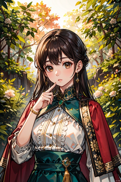  best quality:1.4), (masterpiece:1.4), ultra-high resolution, 8K, CG,,1girl, solo, long hair, looking at viewer, bangs, black hair, hair ornament, long sleeves, brown eyes, jewelry, closed mouth, upper body, hand up, lips, gem, tassel, finger to mouth,Green headscarf, headscarf with jewelry, gold jewelry, long eyelashes, green Western Regions clothing,Grass green background, large avatar,Masterpiece-level best_quality, concept artwork,fashion, realistic, Professionalstudio,super delicate, soft light,Movie HD, lots of detail, surrealism, magic, U Unreal Engine, lighting,big moviescene,