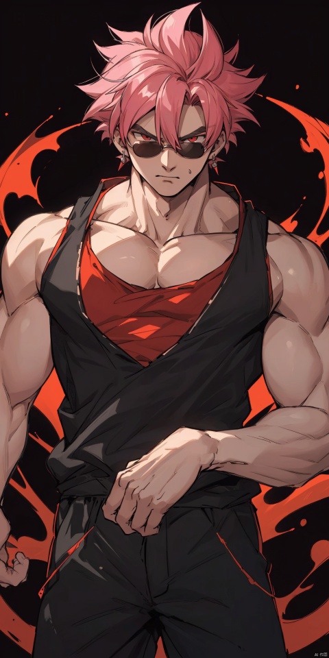  correct_anatomy, masterpiece,male,(handsome teenager),,strong,hair between eyes, detailed eyes,,,collarbone,(long legs),fu,songoku,pink hair, (oversized limbs),,red eyes,dark background,(black tank top:1.1),earrings,(someone else possess the body:1.8),sunglasses