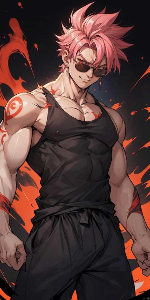  correct_anatomy, masterpiece,male,(handsome teenager),,strong,hair between eyes, detailed eyes,,,collarbone,(long legs),fu,songoku,pink hair, (oversized limbs),,red eyes,dark background,(black tank top:1.1),earrings,(someone else possess the body:2),sunglasses,(slightly grin:0.83),(naked:1.4),dark skin,tattoo