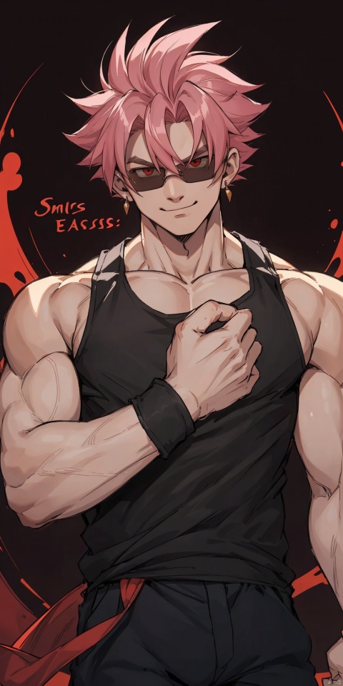  correct_anatomy, masterpiece,male,(handsome teenager),,strong,hair between eyes, detailed eyes,,,collarbone,(long legs),fu,songoku,pink hair, (oversized limbs),,red eyes,dark background,(black tank top:1.1),earrings,(someone else possess the body:1.8),sunglasses,(slightly grin:0.83)