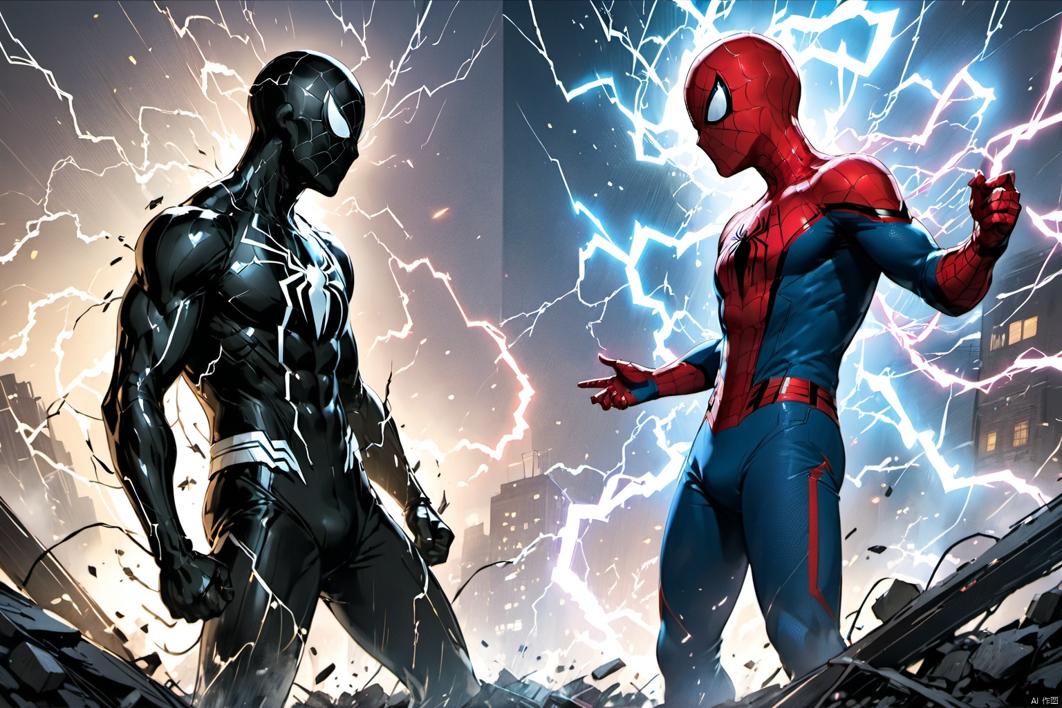  ultra-detailed,(best quality),((masterpiece)),(highres),original,extremely detailed 8K wallpaper,(an extremely delicate and beautiful),anime,

 An anime illustration featuring Electro, a humanoid figure composed entirely of lightning, facing off against Spider-Man. The two confront each other, standing face to face in a tense atmosphere with debris flying and electricity swirling around them. The composition is split in half, with Spider-Man displaying heroism and Electro exuding an evil presence, capturing emotional tension. The artwork is full of vitality and emotion, truly captivating to the viewer.