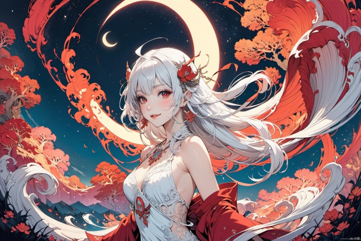 ultra-detailed,(best quality),((masterpiece)),(highres),original,extremely detailed 8K wallpaper,(an extremely delicate and beautiful),anime,

An epic fantasy illustration featuring a succubus with striking white hair and captivating red eyes, enchanting all who behold her with a mesmerizing smile. The scene is set against a starlit sky with a crescent moon, bathed in cinematic lighting effects to enhance the storytelling ambiance. Drawing inspiration from the vibrant and unique character designs of Yoshitaka Amano, the artwork showcases a colorful palette, intricate background details, dynamic composition, and rich emotional expressions that bring the character to life.