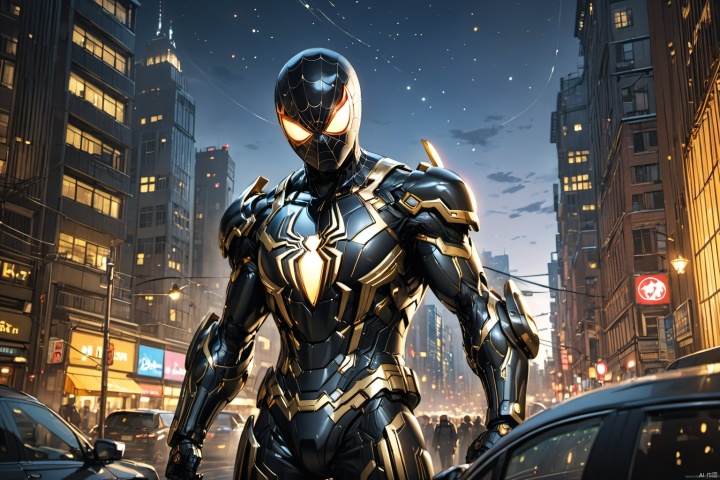  ultra-detailed,(best quality),((masterpiece)),(highres),original,extremely detailed 8K wallpaper,(an extremely delicate and beautiful),anime, (solo:1.3), 

An anime illustration featuring Spider-Man in a high-tech mech suit. The suit is vibrant black and gold, showcasing a blend of mechanical technology and artistic design. The facial expression is realistic, with sharp and energetic eyes. The background features a night sky filled with twinkling stars, casting a glow on the clear silhouette of city buildings. Captured with a Nikon D850 camera, the artwork centers around Spider-Man, portraying his heroic image. The dynamic pose and emotional intensity in the composition make the piece full of vitality and emotion, truly captivating to the viewer.