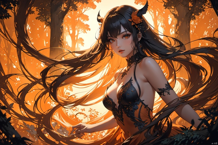  ultra-detailed,(best quality),((masterpiece)),(highres),original,extremely detailed 8K wallpaper,(an extremely delicate and beautiful),anime,detail face and eyes, perfect hands,  (close up , solo),   Orange theme, 

An anime illustration of a succubus with flowing long hair, set in a forest with cinematic lighting effects that create striking contrasts between light and shadow.