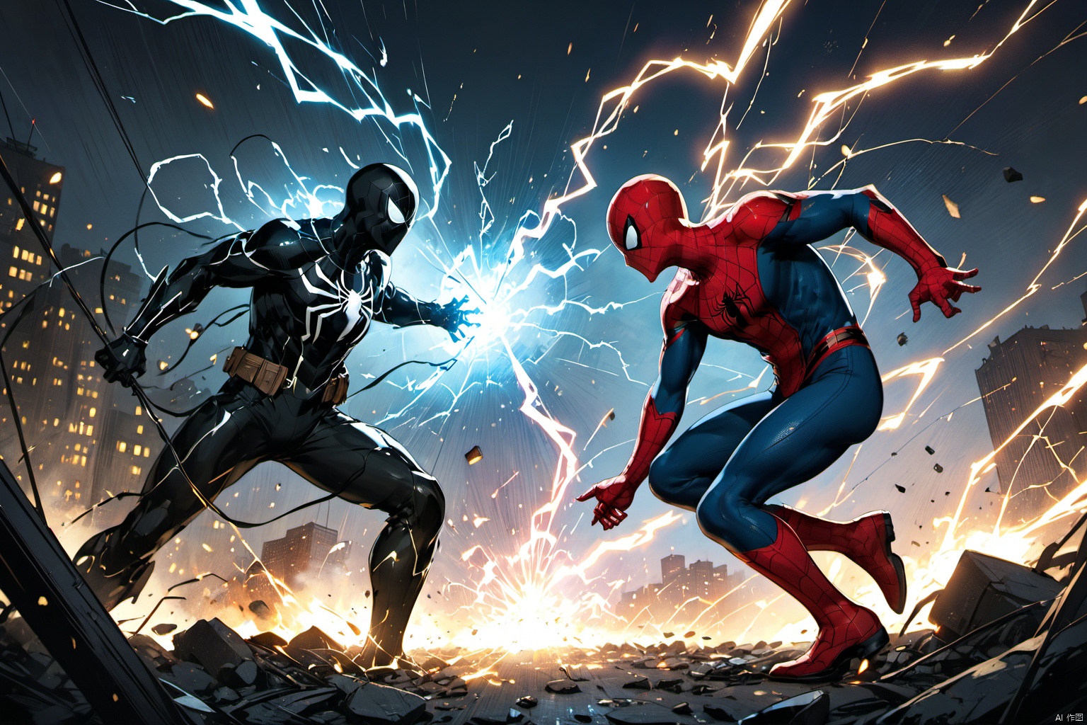  ultra-detailed,(best quality),((masterpiece)),(highres),original,extremely detailed 8K wallpaper,(an extremely delicate and beautiful),anime, (solo:1.3), 
2boys,
An anime illustration depicting Spider-Man facing off against Electro, standing face to face in a tense atmosphere. Debris flies around them, and sparks of electricity crackle in the air. The composition is split in half, with Spider-Man exuding heroism and Electro emanating an evil presence, showcasing emotional tension. The artwork is full of vitality and emotion, truly captivating to the viewer.