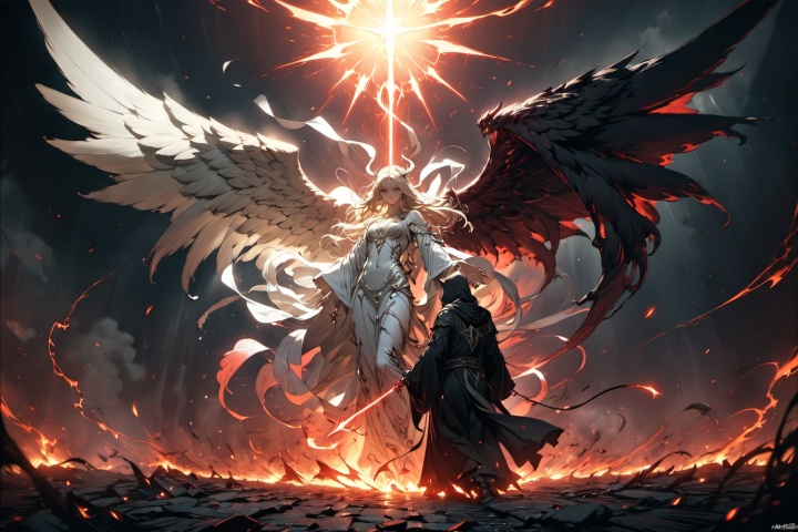 (masterpiece, best quality, HD, HDR, 8k, 4k, absurdres), In a game CG cinematic scene, an epic showdown unfolds between the Angel of Light and the Demon of Darkness. The atmosphere is charged with conflict as energy crackles and surges between them, creating a dynamic and intense visual spectacle. The Angel, with radiant wings and a serene expression, embodies purity and righteousness, while the Demon, cloaked in shadows and with piercing red eyes, exudes malevolence and power. The lighting is cinematic, casting dramatic highlights and shadows, enhancing the tension of the confrontation. The scene is rendered in stunning 8K high definition, capturing every intricate detail of their faces and eyes, conveying the depth of emotion and determination in their gaze.
