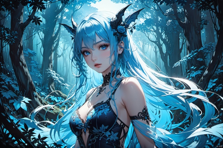  ultra-detailed,(best quality),((masterpiece)),(highres),original,extremely detailed 8K wallpaper,(an extremely delicate and beautiful),anime,detail face and eyes, perfect hands,  (close up , solo),   Blue theme, 

An anime illustration of a succubus with flowing long hair, set in a forest with cinematic lighting effects that create striking contrasts between light and shadow.