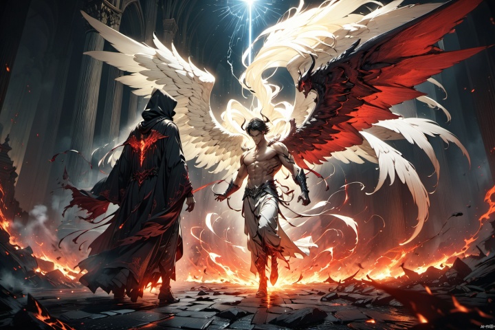 (masterpiece, best quality, HD, HDR, 8k, 4k, absurdres), In a game CG cinematic scene, an epic showdown unfolds between the Angel of Light and the Demon of Darkness. The atmosphere is charged with conflict as energy crackles and surges between them, creating a dynamic and intense visual spectacle. The Angel, with radiant wings and a serene expression, embodies purity and righteousness, while the Demon, cloaked in shadows and with piercing red eyes, exudes malevolence and power. The lighting is cinematic, casting dramatic highlights and shadows, enhancing the tension of the confrontation. The scene is rendered in stunning 8K high definition, capturing every intricate detail of their faces and eyes, conveying the depth of emotion and determination in their gaze.
