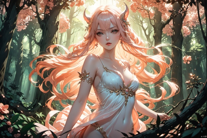  ultra-detailed,(best quality),((masterpiece)),(highres),original,extremely detailed 8K wallpaper,(an extremely delicate and beautiful),anime,detail face and eyes, perfect hands,  (close up , solo),   Peach theme, 

An anime illustration of a succubus with flowing long hair, set in a forest with cinematic lighting effects that create striking contrasts between light and shadow.