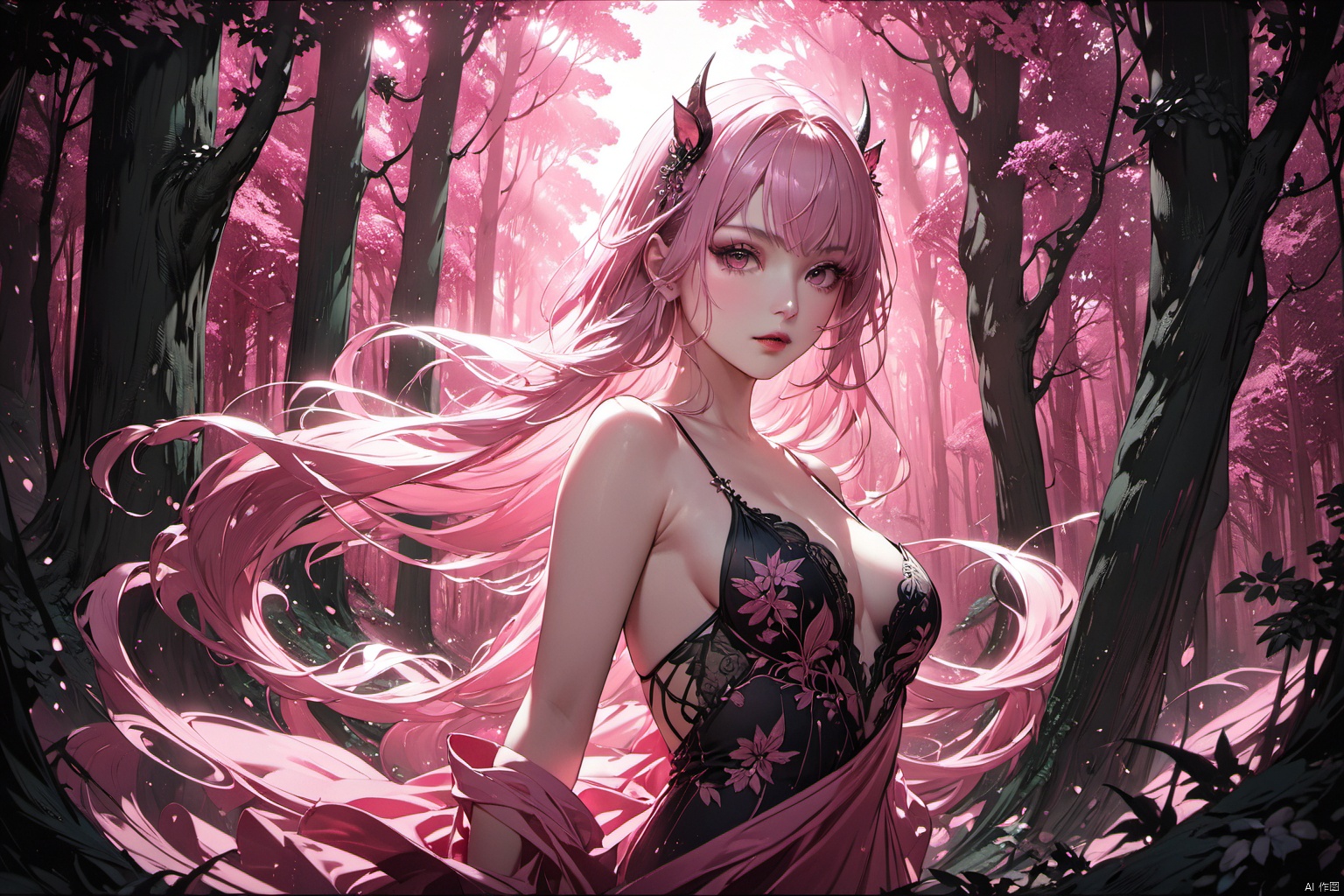  ultra-detailed,(best quality),((masterpiece)),(highres),original,extremely detailed 8K wallpaper,(an extremely delicate and beautiful),anime,detail face and eyes, perfect hands,  (close up , solo),   Pink theme, 

An anime illustration of a succubus with flowing long hair, set in a forest with cinematic lighting effects that create striking contrasts between light and shadow.
