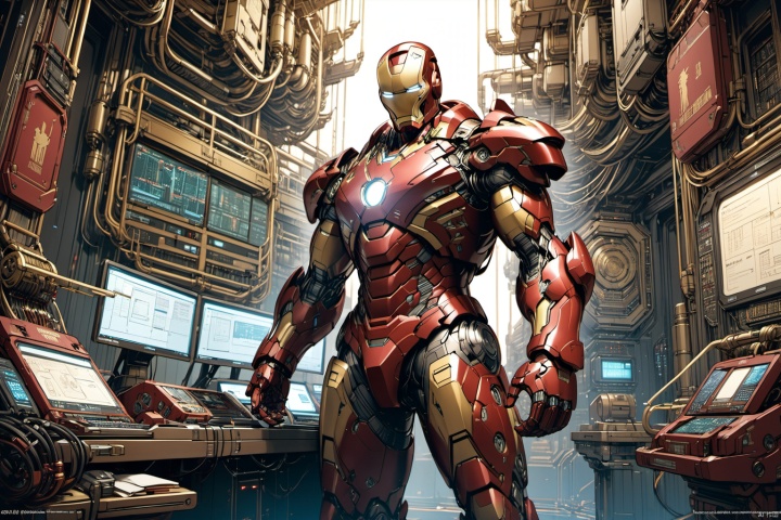 ultra-detailed,(best quality),((masterpiece)),(highres),original,extremely detailed 8K wallpaper,(an extremely delicate and beautiful),anime,

A vibrant and colorful illustration featuring Iron Man in a golden and red mechanical battle suit, gleaming brightly, set against the backdrop of a high-tech laboratory bustling with various futuristic gadgets and equipment. The character design of Iron Man is unique, with intricately designed armor, sleek lines, showcasing the allure of future technology. His expression is rich, with sharp and wise eyes, his face revealing a passion for technology and a sense of responsibility. The background is intricately detailed, with complex patterns of technological devices, exuding a modern high-tech atmosphere. The composition is well-balanced, with Iron Man's armor prominently displayed in the center, showcasing immense power and technological prowess. The artwork is brimming with vitality and emotion, portraying Iron Man as a heroic figure of technology, allowing viewers to almost feel his intelligence and courage.