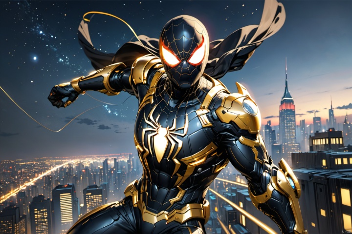  ultra-detailed,(best quality),((masterpiece)),(highres),original,extremely detailed 8K wallpaper,(an extremely delicate and beautiful),anime, (solo:1.3), 

An anime illustration featuring Spider-Man in a high-tech mech suit. The suit is vibrant black and gold, showcasing a blend of mechanical technology and artistic design. The facial expression is realistic, with sharp and energetic eyes. The background features a night sky filled with twinkling stars, casting a glow on the clear silhouette of city buildings. Captured with a Nikon D850 camera, the artwork centers around Spider-Man, portraying his heroic image. The dynamic pose and emotional intensity in the composition make the piece full of vitality and emotion, truly captivating to the viewer.