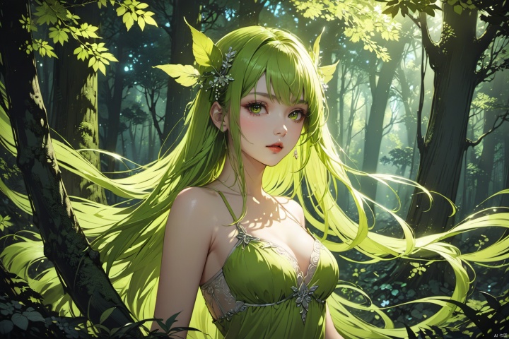  ultra-detailed,(best quality),((masterpiece)),(highres),original,extremely detailed 8K wallpaper,(an extremely delicate and beautiful),anime,detail face and eyes, perfect hands,  (close up , solo),   Chartreuse theme, 

An anime illustration of a succubus with flowing long hair, set in a forest with cinematic lighting effects that create striking contrasts between light and shadow.