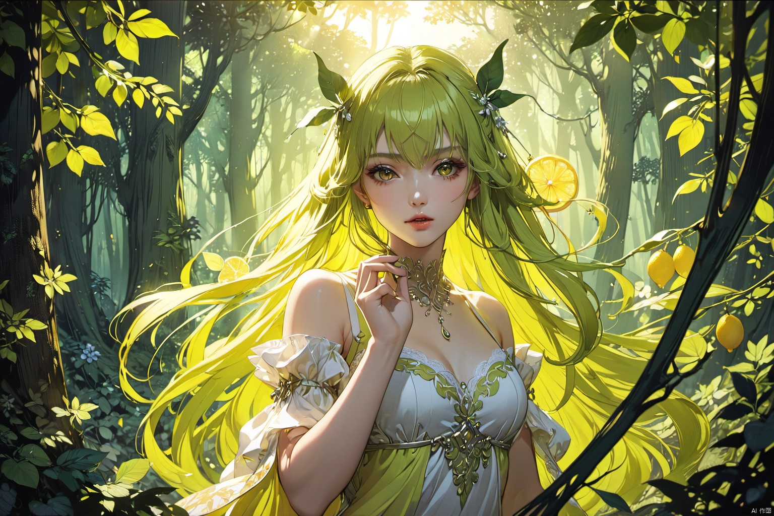  ultra-detailed,(best quality),((masterpiece)),(highres),original,extremely detailed 8K wallpaper,(an extremely delicate and beautiful),anime,detail face and eyes, perfect hands,  (close up , solo),   Lemon theme, 

An anime illustration of a succubus with flowing long hair, set in a forest with cinematic lighting effects that create striking contrasts between light and shadow.