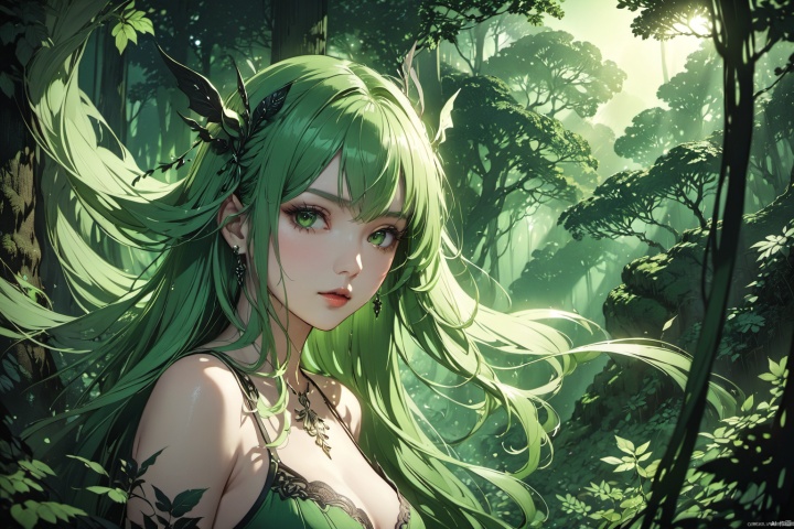  ultra-detailed,(best quality),((masterpiece)),(highres),original,extremely detailed 8K wallpaper,(an extremely delicate and beautiful),anime,detail face and eyes, perfect hands,  (close up , solo),   Green theme, 

An anime illustration of a succubus with flowing long hair, set in a forest with cinematic lighting effects that create striking contrasts between light and shadow.