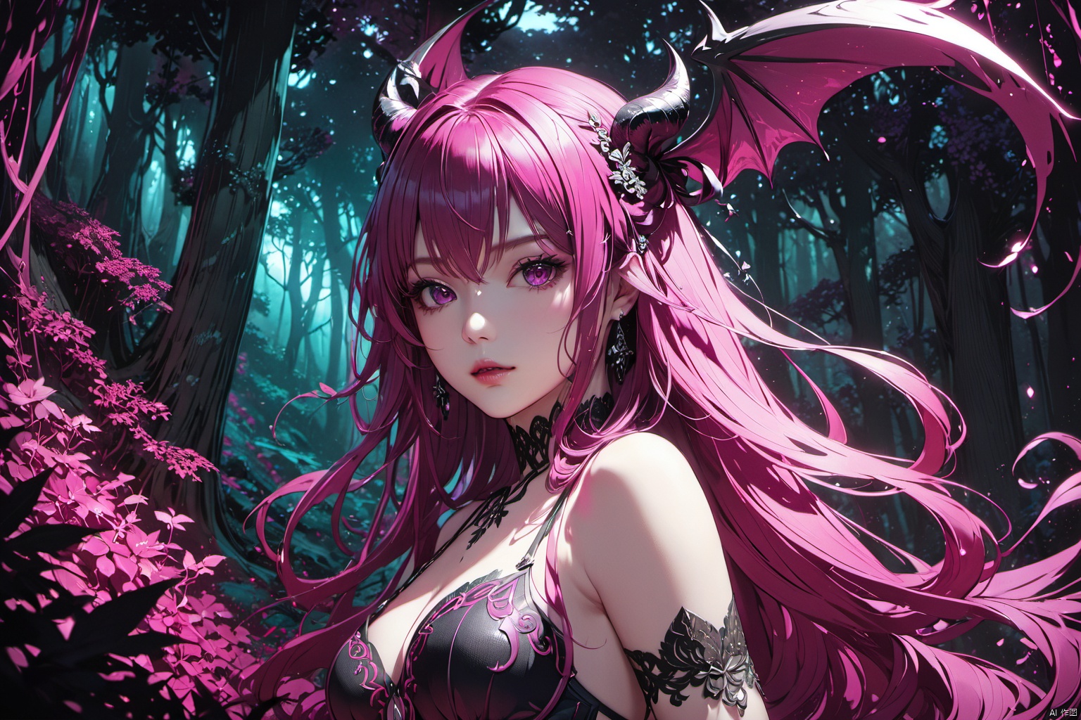  ultra-detailed,(best quality),((masterpiece)),(highres),original,extremely detailed 8K wallpaper,(an extremely delicate and beautiful),anime,detail face and eyes, perfect hands,  (close up , solo),   Magenta theme, 

An anime illustration of a succubus with flowing long hair, set in a forest with cinematic lighting effects that create striking contrasts between light and shadow.