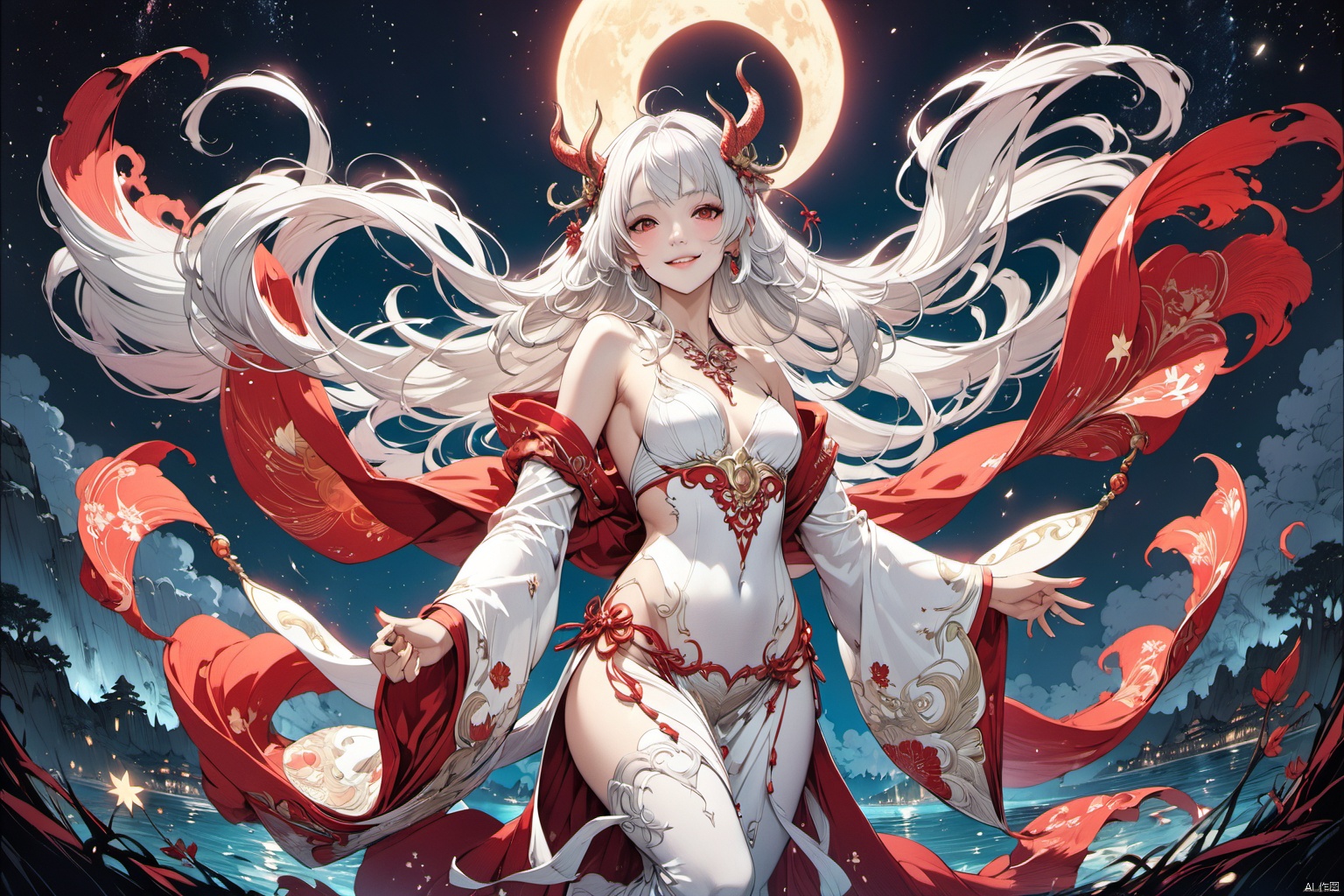 ultra-detailed,(best quality),((masterpiece)),(highres),original,extremely detailed 8K wallpaper,(an extremely delicate and beautiful),anime,

An epic fantasy illustration featuring a succubus with striking white hair and captivating red eyes, enchanting all who behold her with a mesmerizing smile. The scene is set against a starlit sky with a crescent moon, bathed in cinematic lighting effects to enhance the storytelling ambiance. Drawing inspiration from the vibrant and unique character designs of Yoshitaka Amano, the artwork showcases a colorful palette, intricate background details, dynamic composition, and rich emotional expressions that bring the character to life.