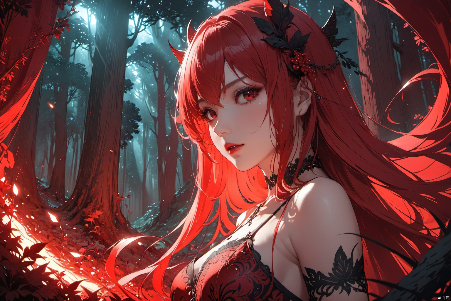  ultra-detailed,(best quality),((masterpiece)),(highres),original,extremely detailed 8K wallpaper,(an extremely delicate and beautiful),anime,detail face and eyes, perfect hands,  (close up , solo),   Red theme, 

An anime illustration of a succubus with flowing long hair, set in a forest with cinematic lighting effects that create striking contrasts between light and shadow.