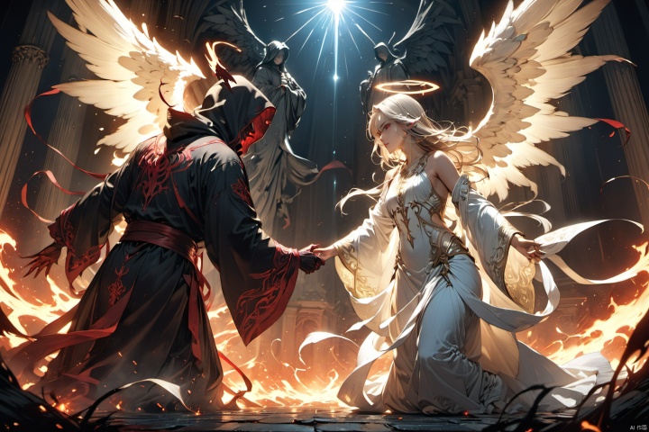 (masterpiece, best quality, HD, HDR, 8k, 4k, absurdres), In a game CG cinematic scene, an epic showdown unfolds between the Angel of Light and the Demon of Darkness. The atmosphere is charged with conflict as energy crackles and surges between them, creating a dynamic and intense visual spectacle. The Angel, with radiant wings and a serene expression, embodies purity and righteousness, while the Demon, cloaked in shadows and with piercing red eyes, exudes malevolence and power. The lighting is cinematic, casting dramatic highlights and shadows, enhancing the tension of the confrontation. The scene is rendered in stunning 8K high definition, capturing every intricate detail of their faces and eyes, conveying the depth of emotion and determination in their gaze.
