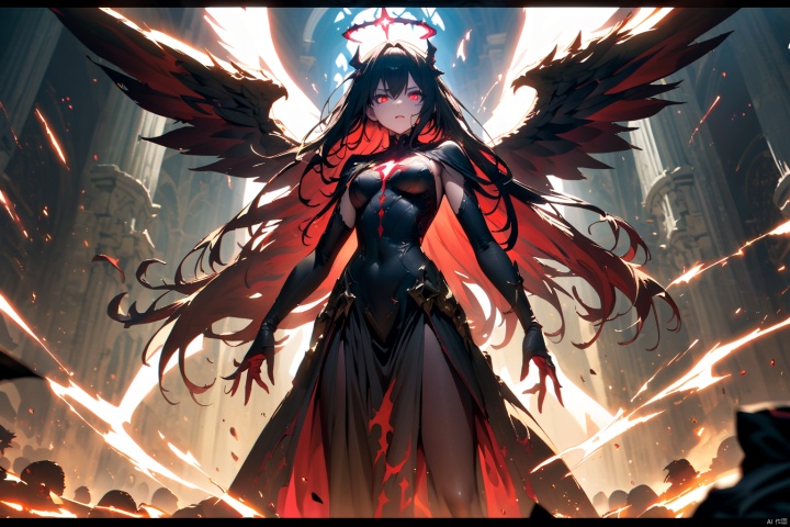 (masterpiece, best quality, HD, HDR, 8k, 4k, absurdres),
In a game CG cinematic scene, an epic showdown unfolds between the Angel of Light and the Demon of Darkness. The atmosphere is charged with conflict as energy crackles and surges between them, creating a dynamic and intense visual spectacle. The Angel, with radiant wings and a serene expression, embodies purity and righteousness, while the Demon, cloaked in shadows and with piercing red eyes, exudes malevolence and power. The lighting is cinematic, casting dramatic highlights and shadows, enhancing the tension of the confrontation. The scene is rendered in stunning 8K high definition, capturing every intricate detail of their faces and eyes, conveying the depth of emotion and determination in their gaze.