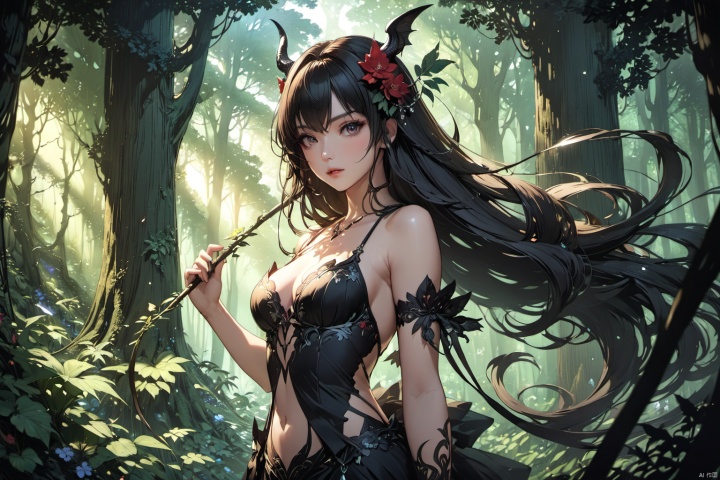  ultra-detailed,(best quality),((masterpiece)),(highres),original,extremely detailed 8K wallpaper,(an extremely delicate and beautiful),anime,detail face and eyes, perfect hands,  (close up , solo),   

An anime illustration of a succubus with flowing long hair, set in a forest with cinematic lighting effects that create striking contrasts between light and shadow.