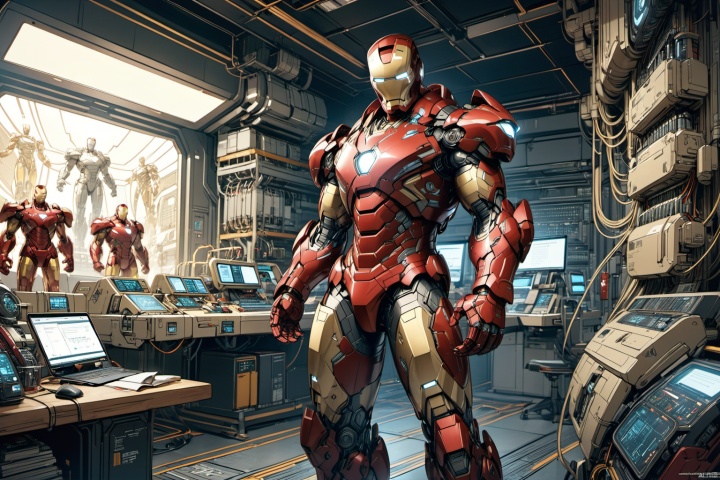 ultra-detailed,(best quality),((masterpiece)),(highres),original,extremely detailed 8K wallpaper,(an extremely delicate and beautiful),anime,

A vibrant and colorful illustration featuring Iron Man in a golden and red mechanical battle suit, gleaming brightly, set against the backdrop of a high-tech laboratory bustling with various futuristic gadgets and equipment. The character design of Iron Man is unique, with intricately designed armor, sleek lines, showcasing the allure of future technology. His expression is rich, with sharp and wise eyes, his face revealing a passion for technology and a sense of responsibility. The background is intricately detailed, with complex patterns of technological devices, exuding a modern high-tech atmosphere. The composition is well-balanced, with Iron Man's armor prominently displayed in the center, showcasing immense power and technological prowess. The artwork is brimming with vitality and emotion, portraying Iron Man as a heroic figure of technology, allowing viewers to almost feel his intelligence and courage.