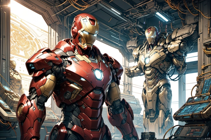 ultra-detailed,(best quality),((masterpiece)),(highres),original,extremely detailed 8K wallpaper,(an extremely delicate and beautiful),anime,

A vibrant and colorful illustration featuring Iron Man in a golden and red mechanical battle suit, gleaming brightly, set against the backdrop of a high-tech laboratory bustling with various futuristic gadgets and equipment. The character design of Iron Man is unique, with intricately designed armor, sleek lines, showcasing the allure of future technology. His expression is rich, with sharp and wise eyes, his face revealing a passion for technology and a sense of responsibility. The background is intricately detailed, with complex patterns of technological devices, exuding a modern high-tech atmosphere. The composition is well-balanced, with Iron Man's armor prominently displayed in the center, showcasing immense power and technological prowess. The artwork is brimming with vitality and emotion, portraying Iron Man as a heroic figure of technology, allowing viewers to almost feel his intelligence and courage.