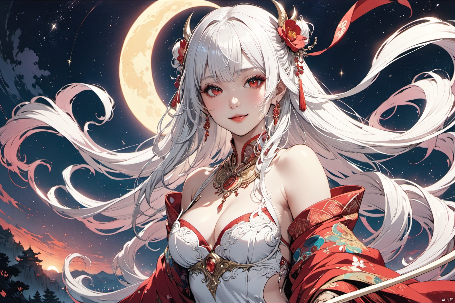 ultra-detailed,(best quality),((masterpiece)),(highres),original,extremely detailed 8K wallpaper,(an extremely delicate and beautiful),anime,

An epic fantasy illustration featuring a succubus with striking white hair and captivating red eyes, enchanting all who behold her with a mesmerizing smile. The scene is set against a starlit sky with a crescent moon, bathed in cinematic lighting effects to enhance the storytelling ambiance. Drawing inspiration from the vibrant and unique character designs of Yoshitaka Amano, the artwork showcases a colorful palette, intricate background details, dynamic composition, and rich emotional expressions that bring the character to life.