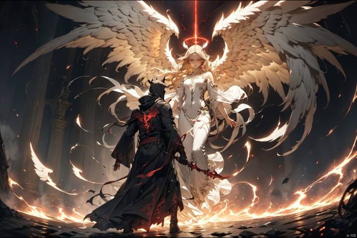 (masterpiece, best quality, HD, HDR, 8k, 4k, absurdres), In a game CG cinematic scene, an epic showdown unfolds between the Angel of Light and the Demon of Darkness. The atmosphere is charged with conflict as energy crackles and surges between them, creating a dynamic and intense visual spectacle. The Angel, with radiant wings and a serene expression, embodies purity and righteousness, while the Demon, cloaked in shadows and with piercing red eyes, exudes malevolence and power. The lighting is cinematic, casting dramatic highlights and shadows, enhancing the tension of the confrontation. The scene is rendered in stunning 8K high definition, capturing every intricate detail of their faces and eyes, conveying the depth of emotion and determination in their gaze.
