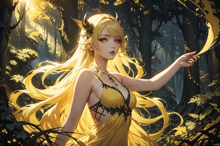  ultra-detailed,(best quality),((masterpiece)),(highres),original,extremely detailed 8K wallpaper,(an extremely delicate and beautiful),anime,detail face and eyes, perfect hands,  (close up , solo),   Yellow  theme, 

An anime illustration of a succubus with flowing long hair, set in a forest with cinematic lighting effects that create striking contrasts between light and shadow.