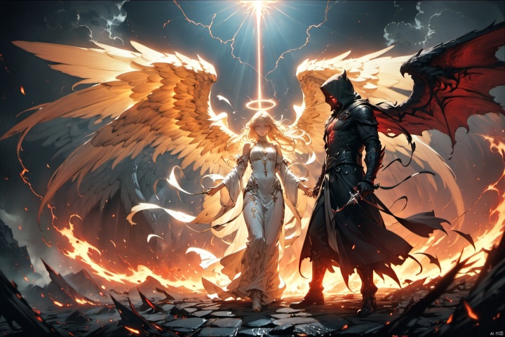 (masterpiece, best quality, HD, HDR, 8k, 4k, absurdres), In a game CG cinematic scene, an epic showdown unfolds between the Angel of Light and the Demon of Darkness. The atmosphere is charged with conflict as energy crackles and surges between them, creating a dynamic and intense visual spectacle. The Angel, with radiant wings and a serene expression, embodies purity and righteousness, while the Demon, cloaked in shadows and with piercing red eyes, exudes malevolence and power. The lighting is cinematic, casting dramatic highlights and shadows, enhancing the tension of the confrontation. The scene is rendered in stunning 8K high definition, capturing every intricate detail of their faces and eyes, conveying the depth of emotion and determination in their gaze.
