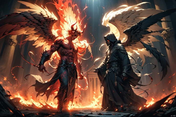 (masterpiece, best quality, HD, HDR, 8k, 4k, absurdres), In a game CG cinematic scene, an epic showdown unfolds between the Angel of Light and the Demon of Darkness. The atmosphere is charged with conflict as energy crackles and surges between them, creating a dynamic and intense visual spectacle. The Angel, with radiant wings and a serene expression, embodies purity and righteousness, while the Demon, cloaked in shadows and with piercing red eyes, exudes malevolence and power. The lighting is cinematic, casting dramatic highlights and shadows, enhancing the tension of the confrontation. The scene is rendered in stunning 8K high definition, capturing every intricate detail of their faces and eyes, conveying the depth of emotion and determination in their gaze.
